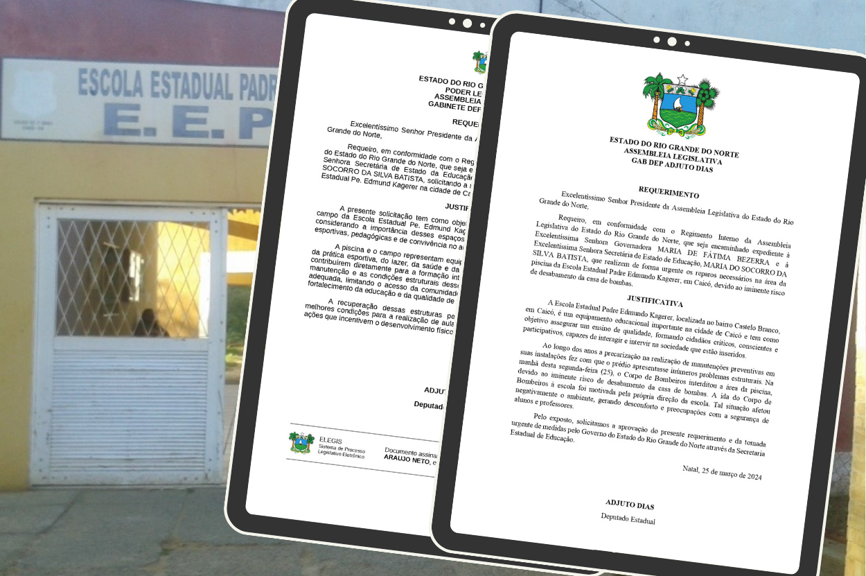 Foto da notícia: Adjuto Dias solicita reparos urgentes e melhorias na Escola Estadual Padre Edmund Kagerer, em Caicó